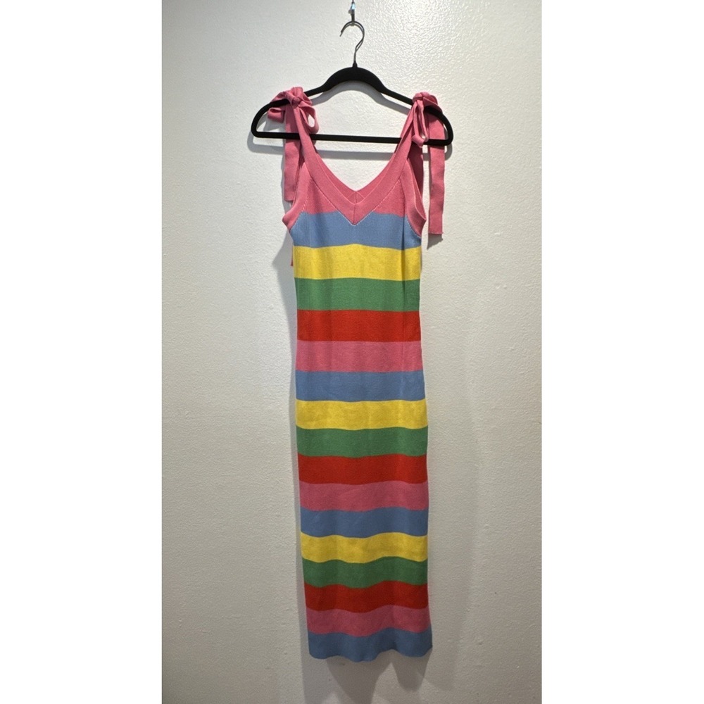 English Factory Size Medium Striped Rainbow Knit MIDI Dress Bodycon Slit Boho